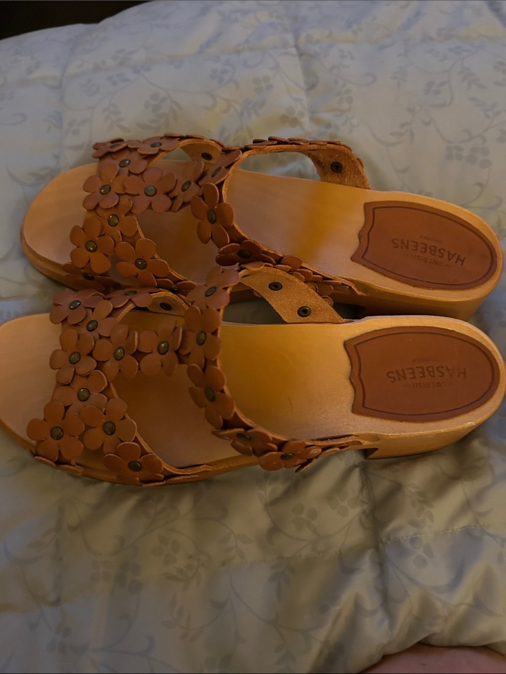 Swedish Hasbeens Tan Brown Floral Leather Slide Clogs